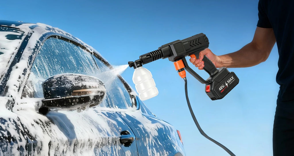 Foam pre-wash on a car using the HydroGo foam bottle