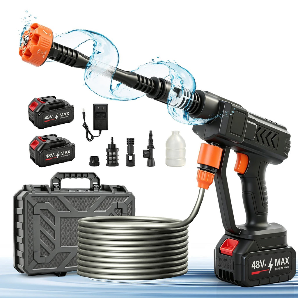 HydroGo cordless pressure washer kit with two batteries, charger, nozzle, foam bottle, hose and carry case