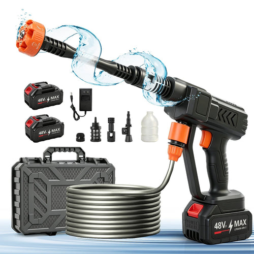HydroGo cordless pressure washer kit with two batteries, charger, nozzle, foam bottle, hose and carry case